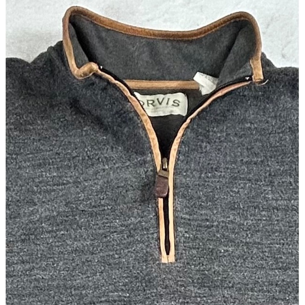 Orvis Sweater Mens XXL Gray 1/4 Zip Genuine Leather Elbow Patch Pullover 2XL